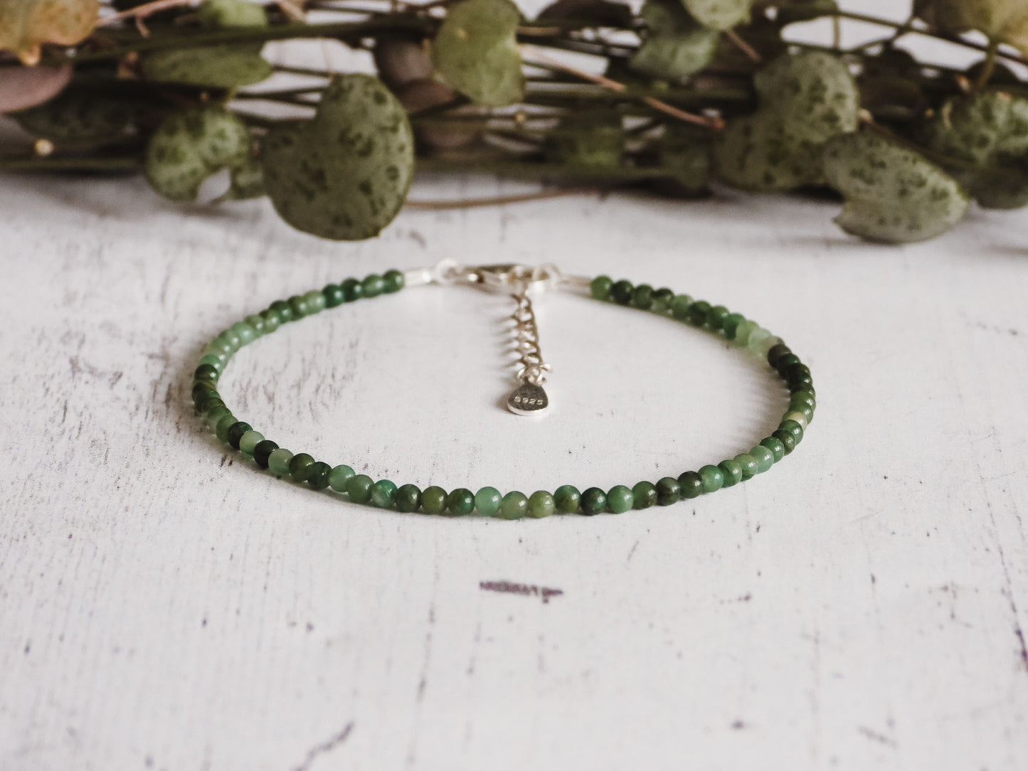 adjustable jade gemstone beaded stacking bracelet with sterling silver chain