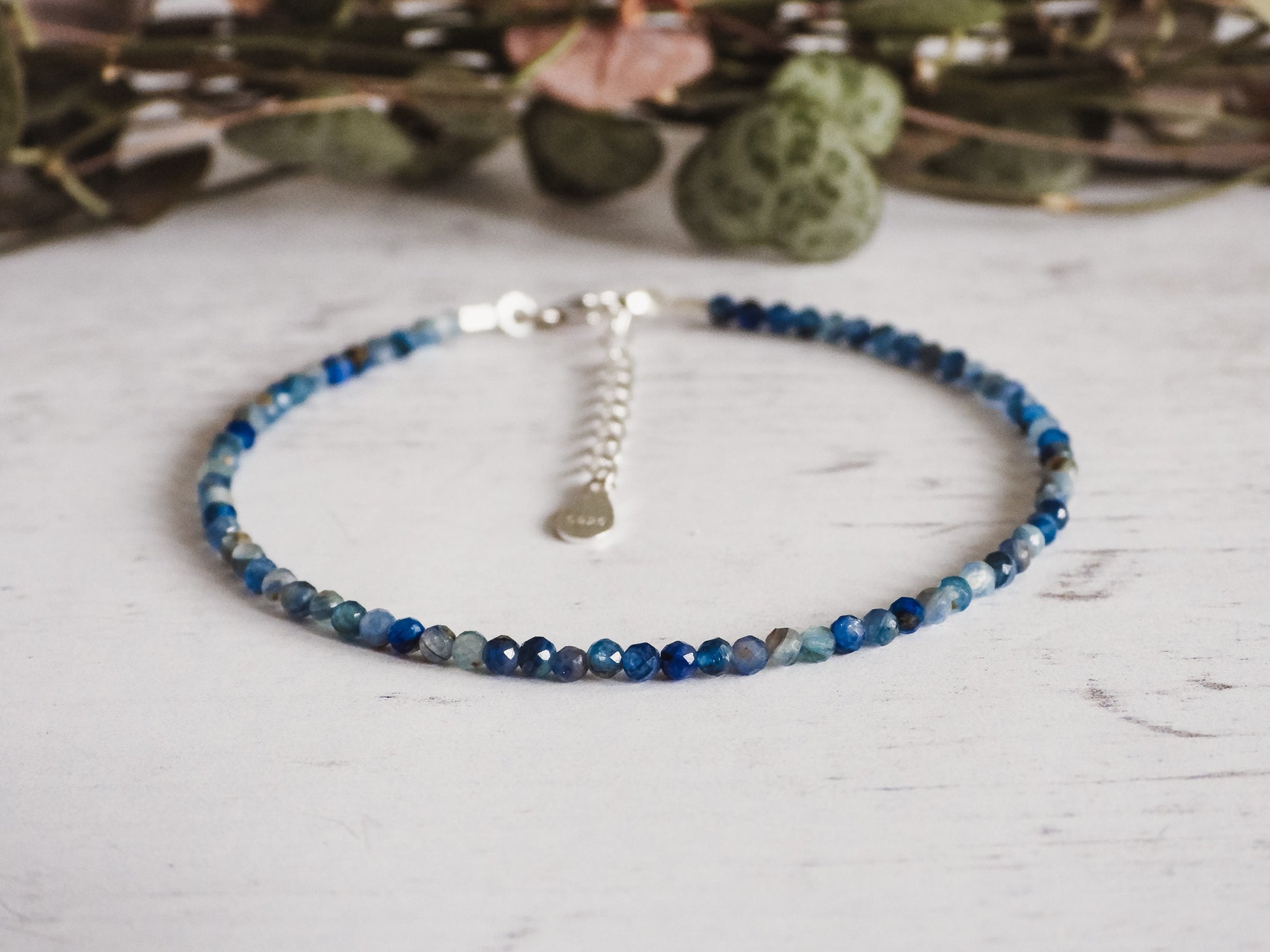 adjustable kyanite beaded bracelet with sterling silver chain