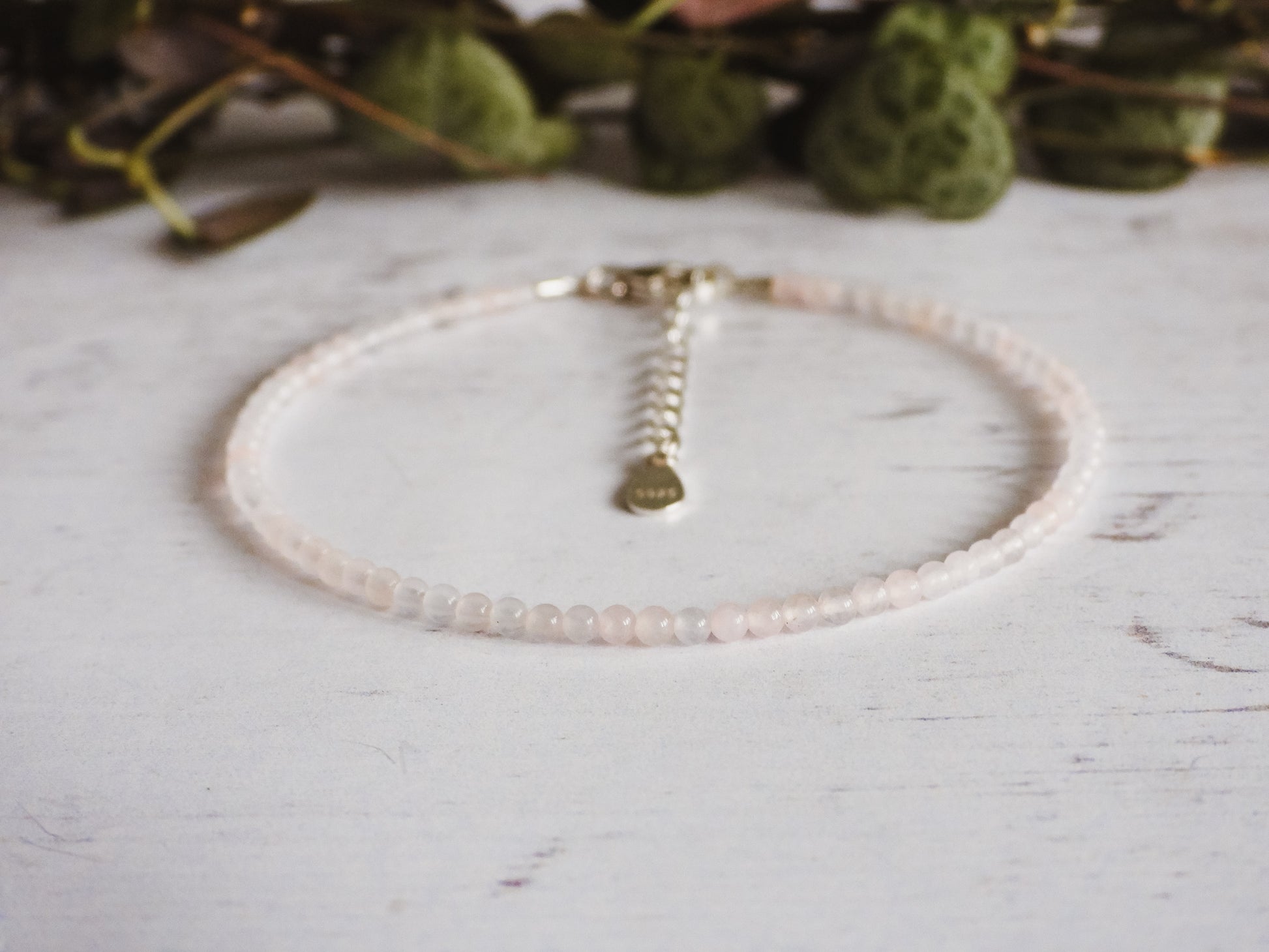 adjustable rose quartz bracelet with sterling silver clasp and chain