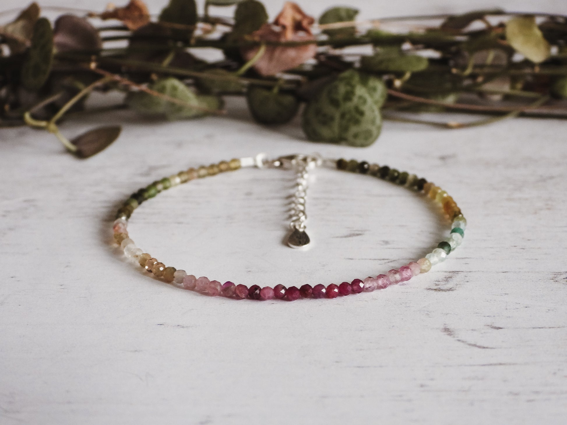 adjustable watermelon tourmaline bracelet with sterling silver chain 