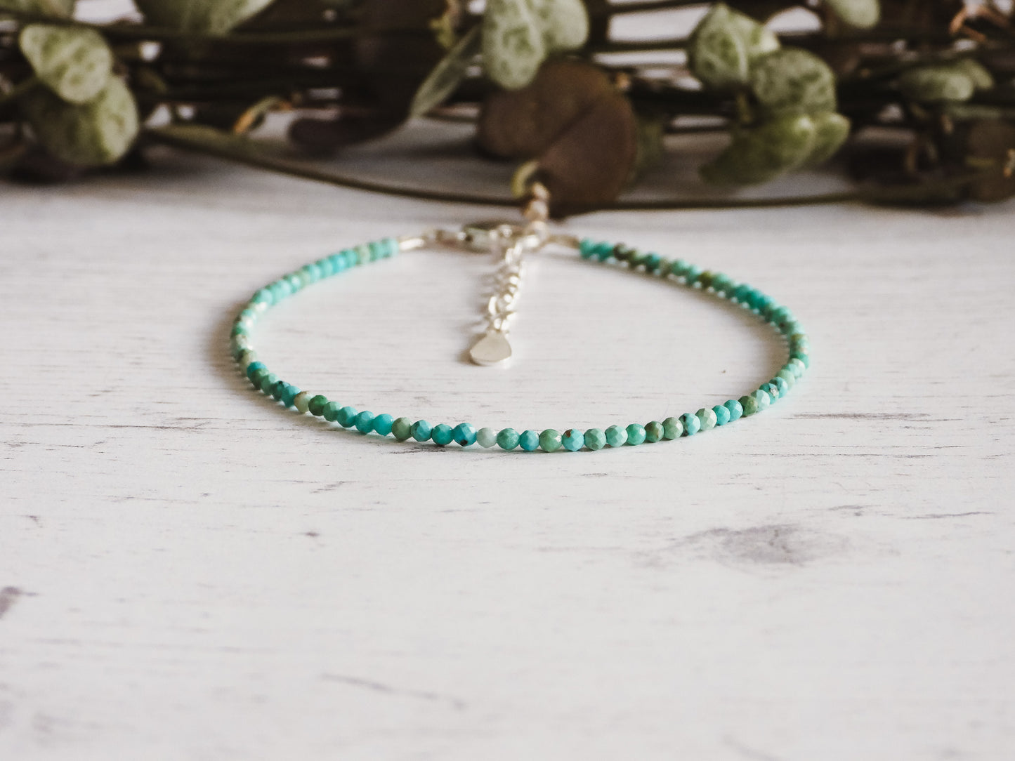 adjustable turquoise beaded bracelet with sterling silver chain