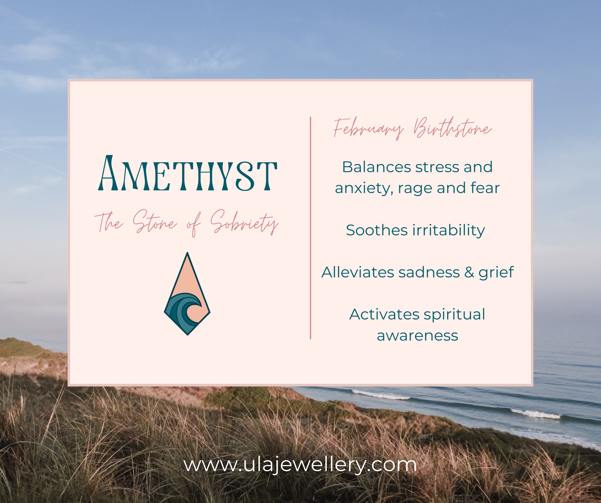 amethyst crystal healing properties infographic by Ula Jewellery Cornwall