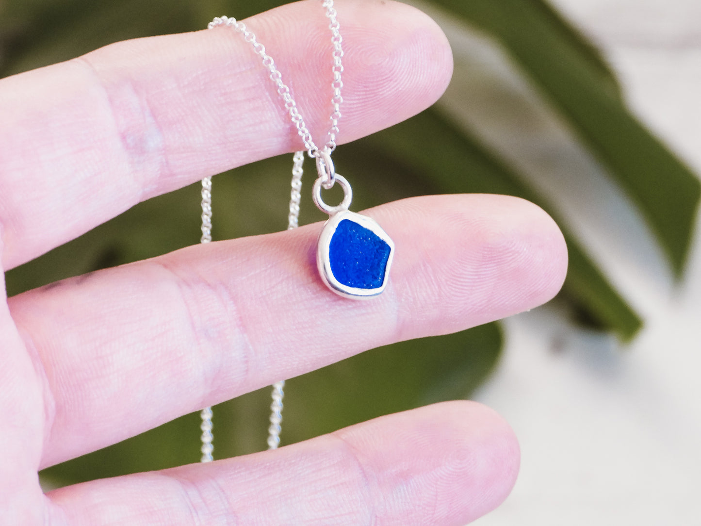 Dainty Dark Blue Seaglass Charm Necklace | Porthtowan