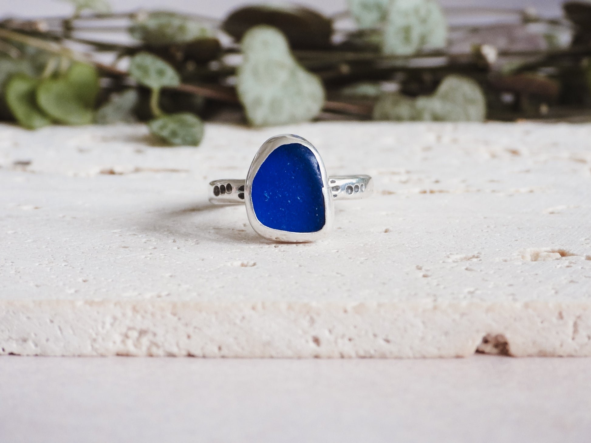 blue godrevy seaglass ring made in Cornwall