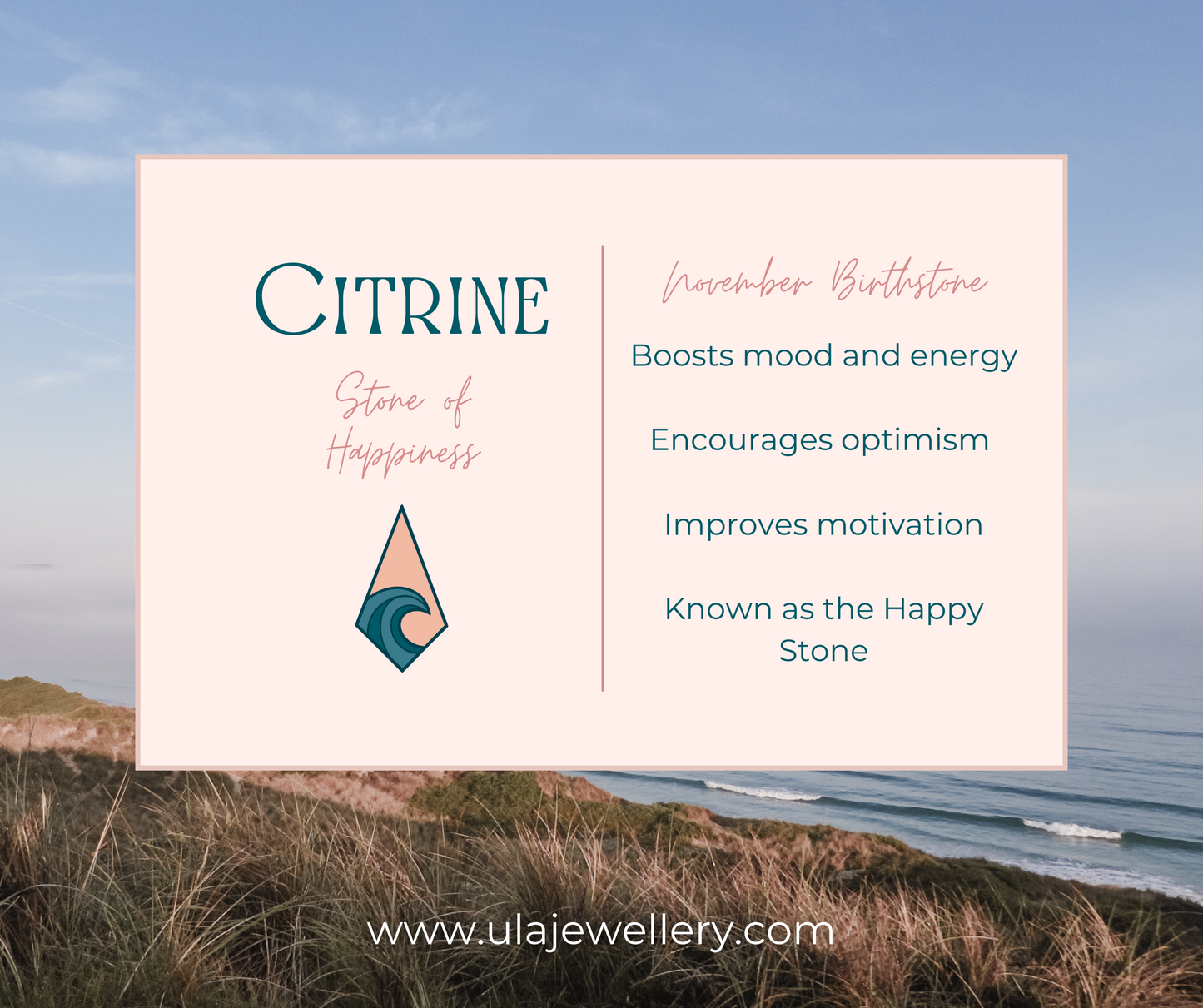 citrine crystal healing properties infographic by Ula Jewellery