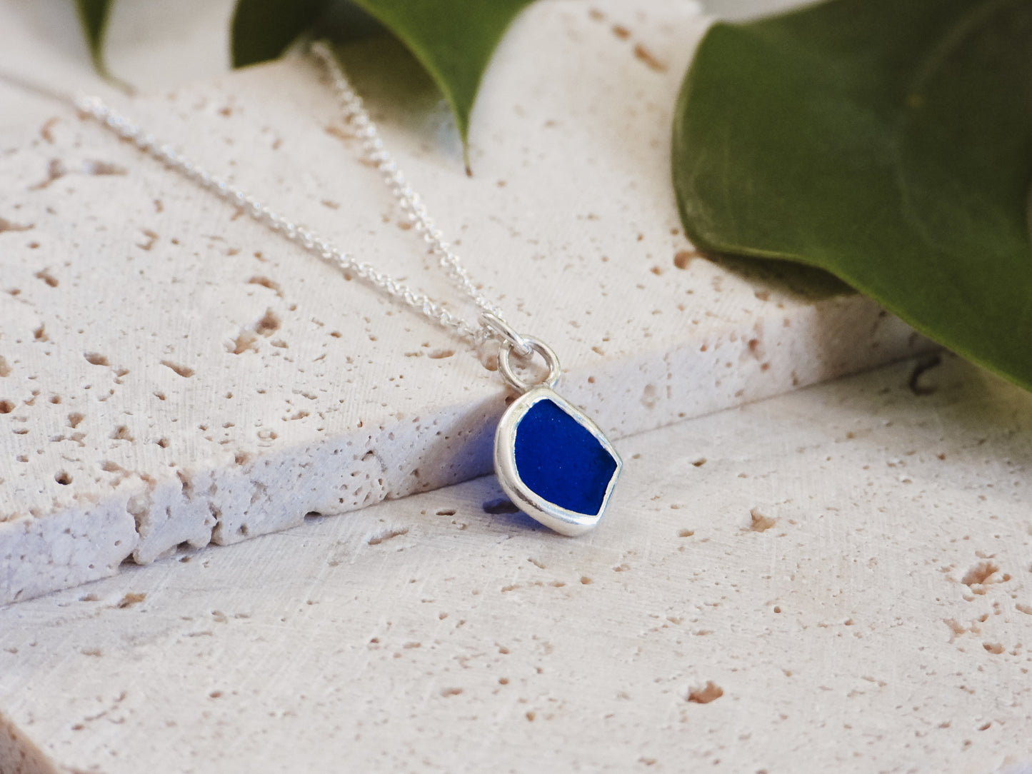 Dainty Dark Blue Seaglass Charm Necklace | Porthtowan