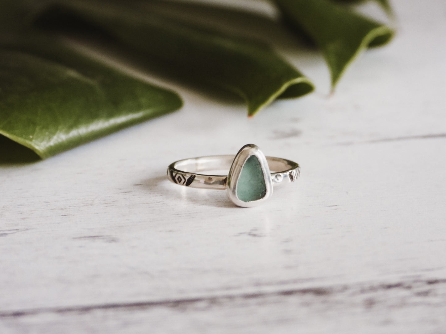 Aztec Stamped Seaglass Stacking Ring | Mounts Bay, Penzance