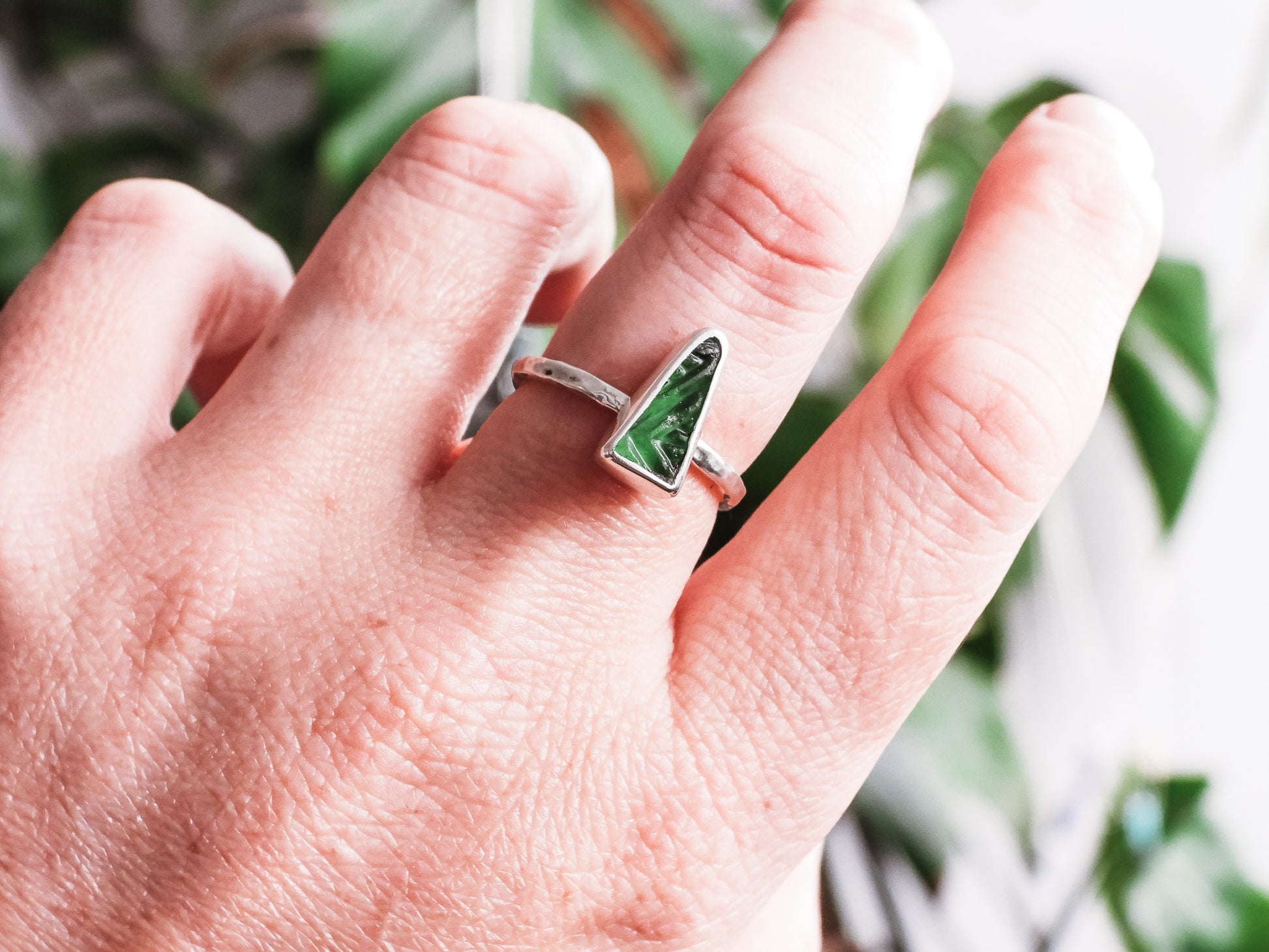 dainty green pattered Cornish seaglass stacking ring