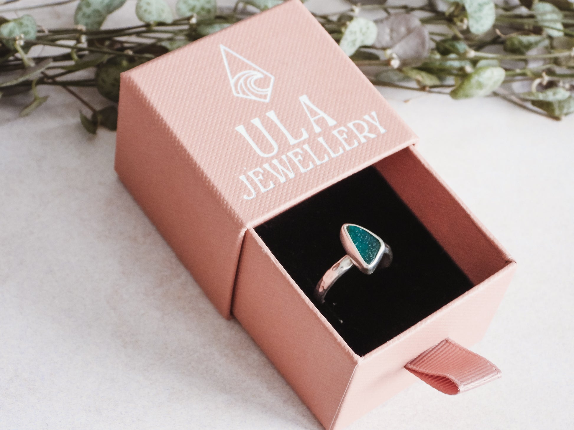 surf girl style ring made with teal Cornish seaglass