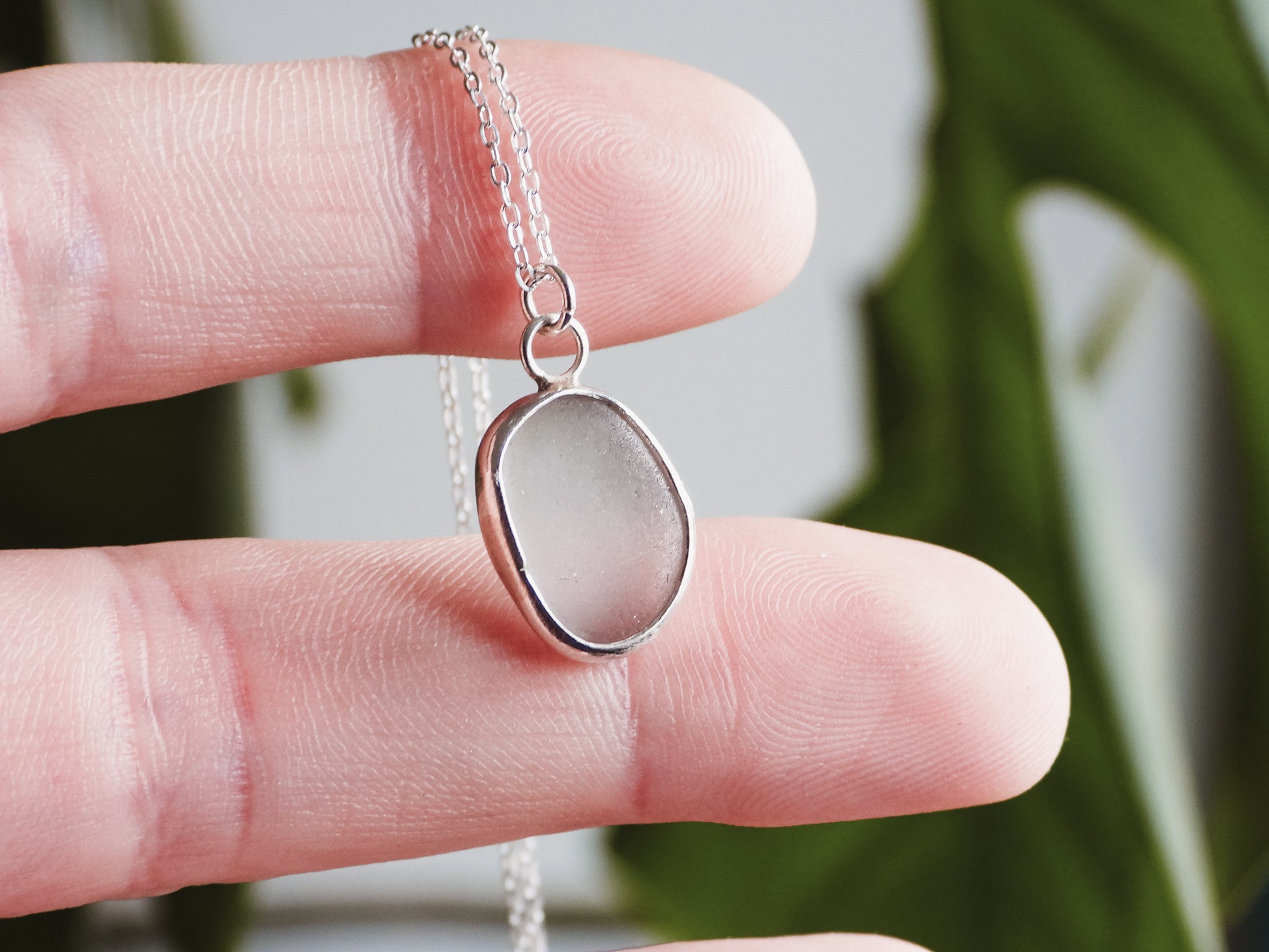 minimalist grey cornish seaglass pendant necklace silver