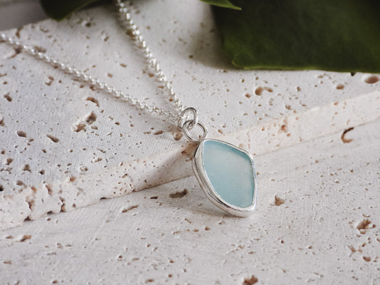 Aqua Blue Cornish Seaglass Charm Necklace | Crantock Beach, Newquay