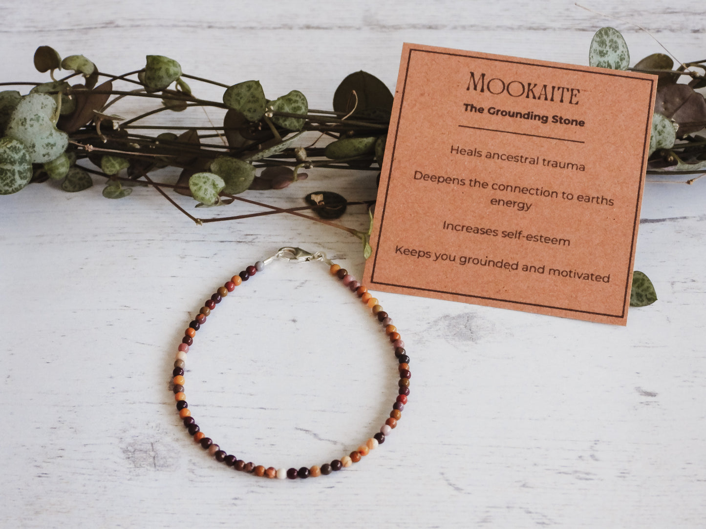 mookaite gemstone beaded bracelet with crystal healing cards