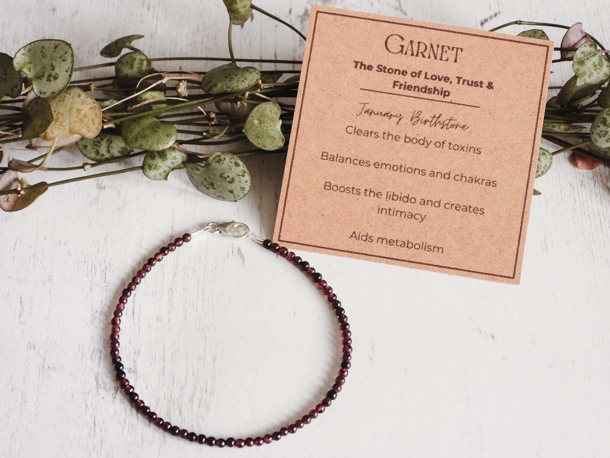 garnet crystal healing gemstone beaded bracelet with properties card