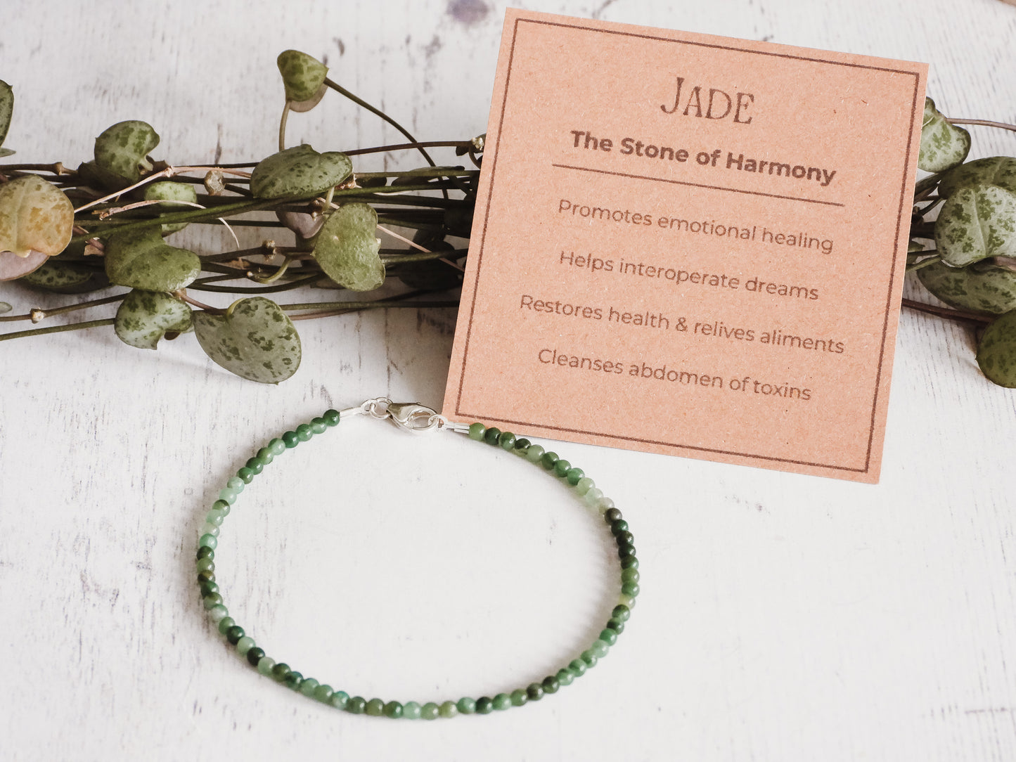 jade crystal healing beaded stacking bracelet with card