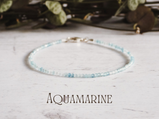 dainty blue aquamarine gemstone beaded bracelet with sterling silver clasp