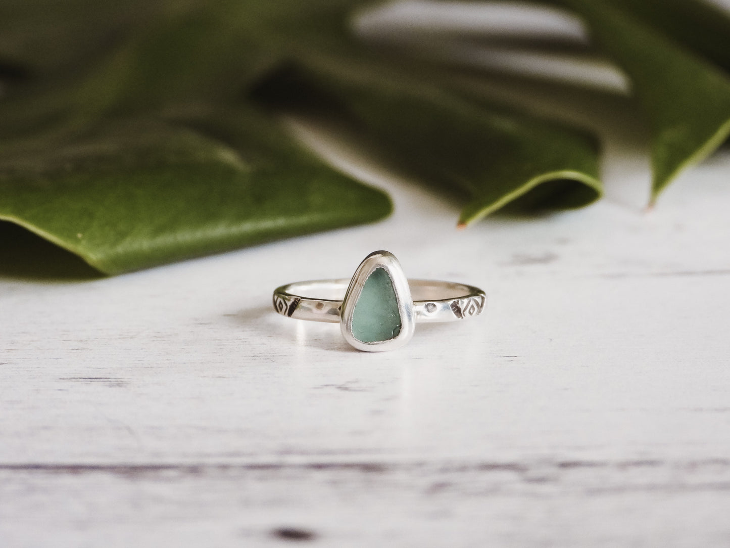 Aztec Stamped Seaglass Stacking Ring | Mounts Bay, Penzance