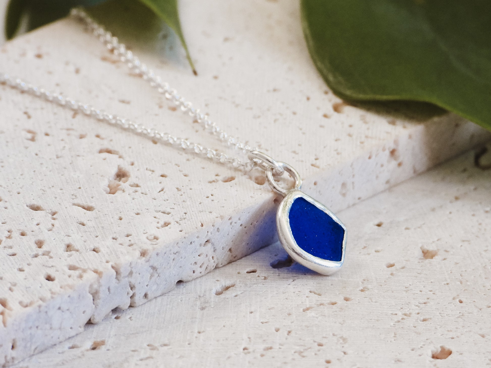 dainty blue Cornish seaglass charm necklace