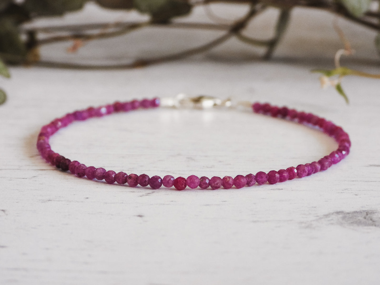 dainty faceted 2mm ruby beaded bracelet in pink
