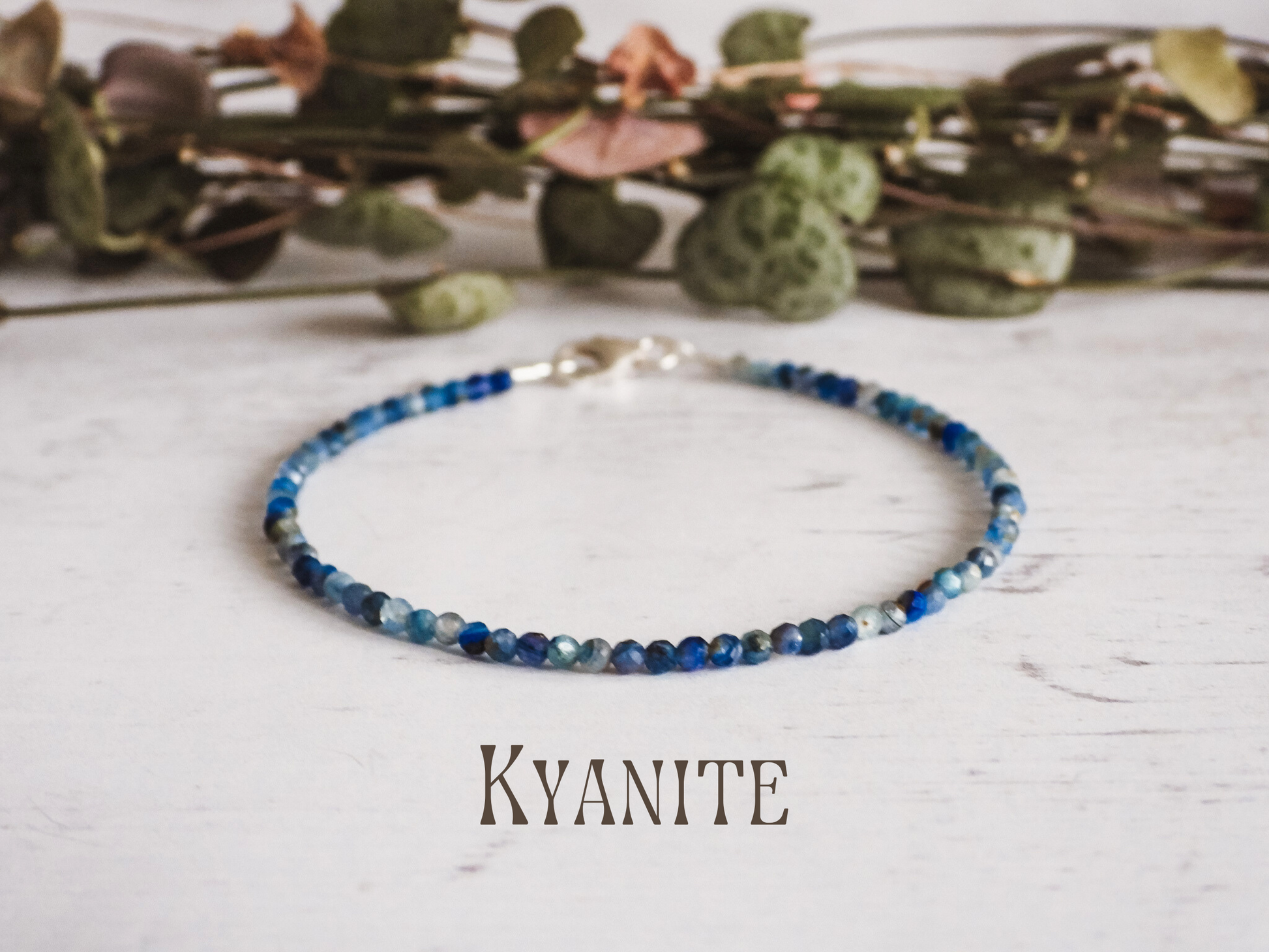 dainty kyanite gemstone crystal healing beaded bracelet with blue beads