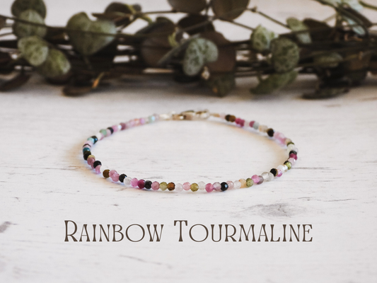 dainty rainbow tourmaline 2mm beaded bracelet