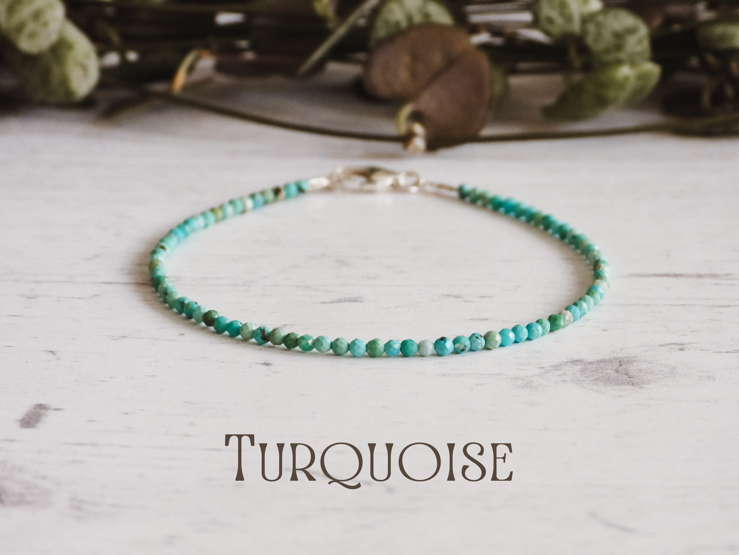 dainty 2mm turquoise gemstone beaded bracelet with sterling silver clasp