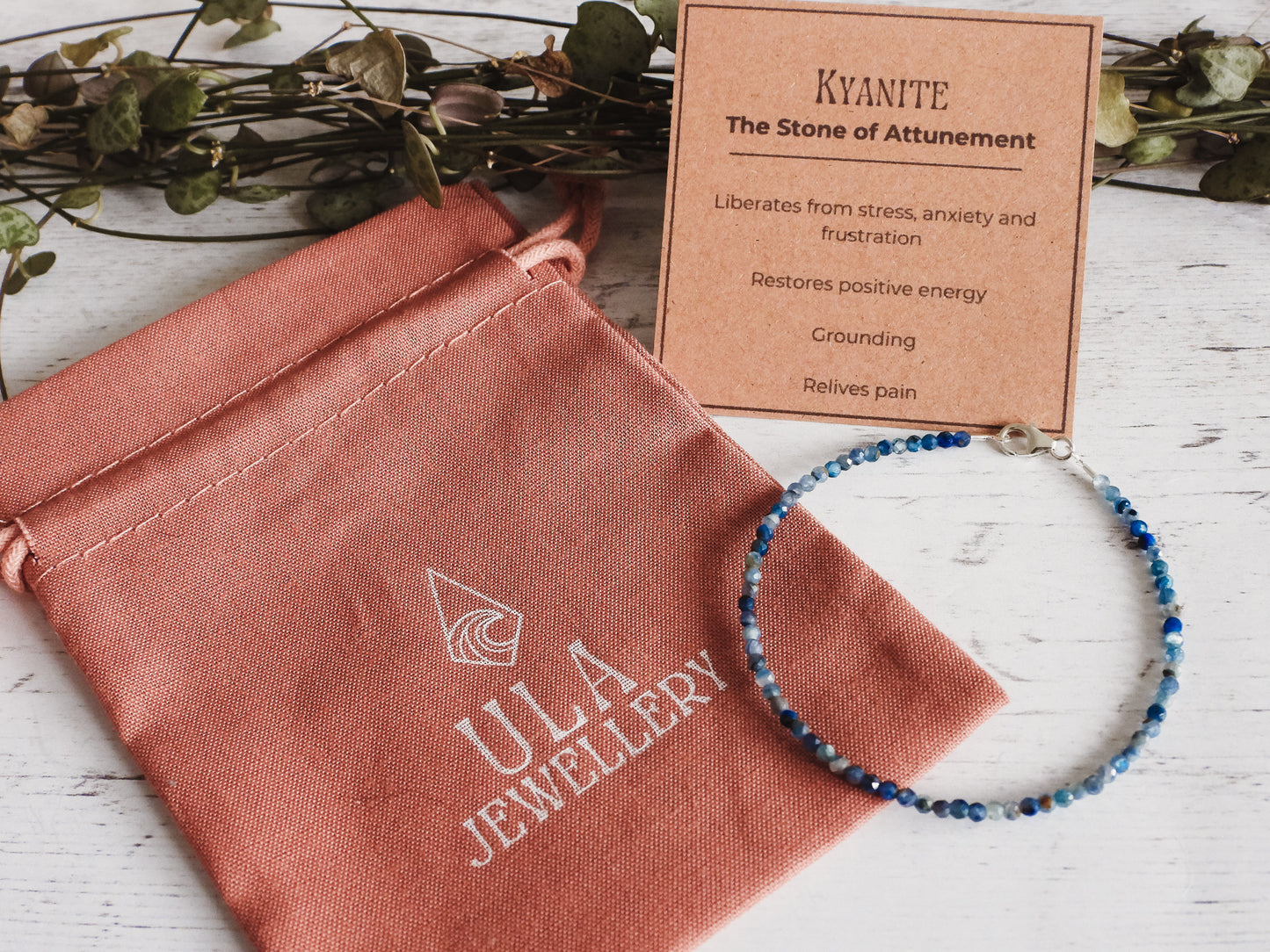 kyanite beaded bracelet in gift pouch by Ula Jewellery