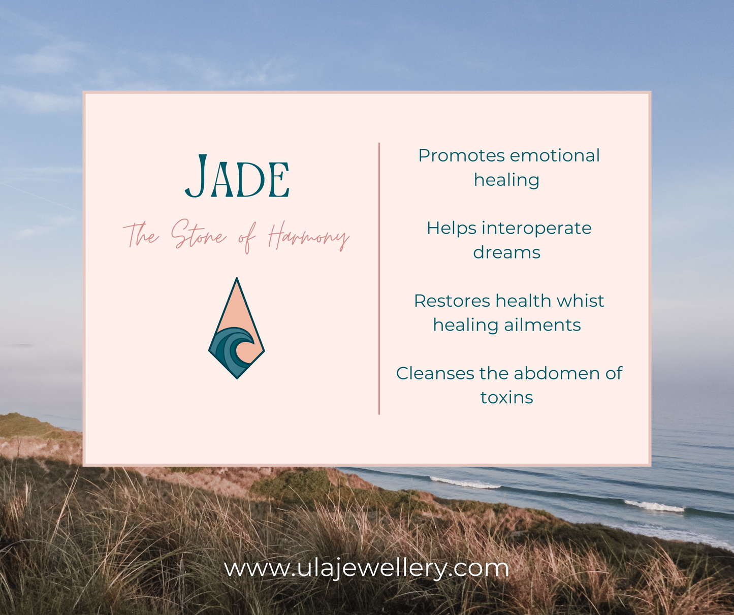 jade crystal healing infographic by Ula Jewellery Cornwall