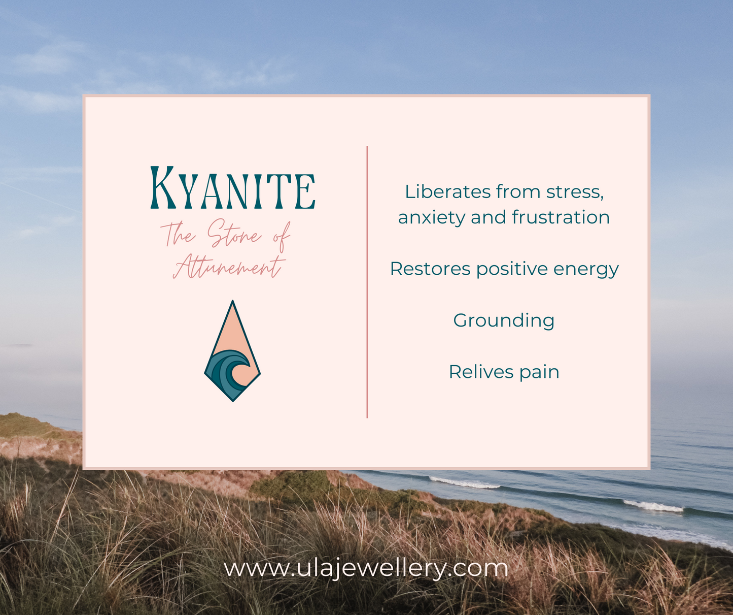 kyanite crystal healing infographic by Ula Jewellery Cornwall