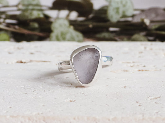 lilac Cornish seaglass hammered silver ring