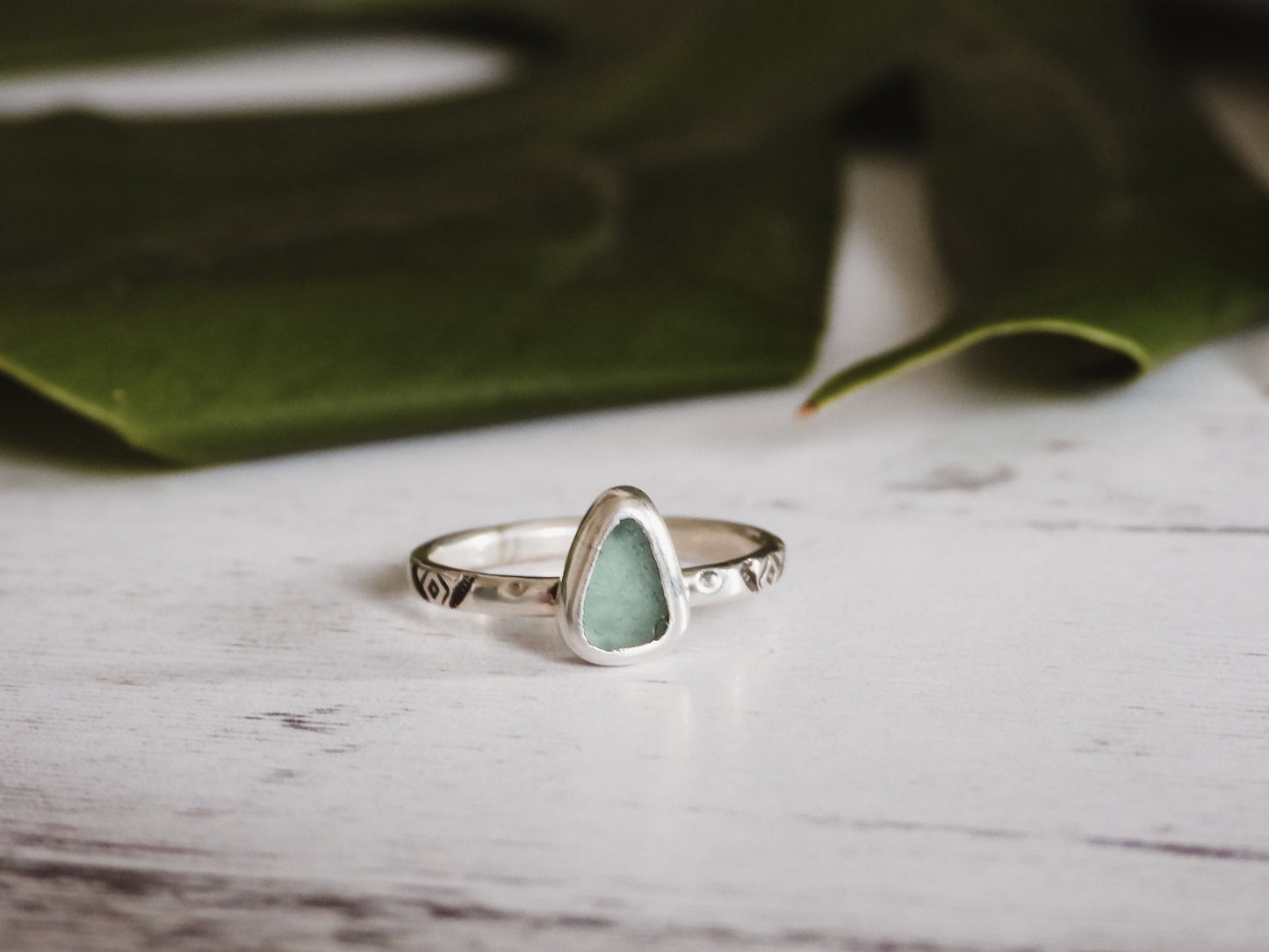 Aztec Stamped Seaglass Stacking Ring | Mounts Bay, Penzance