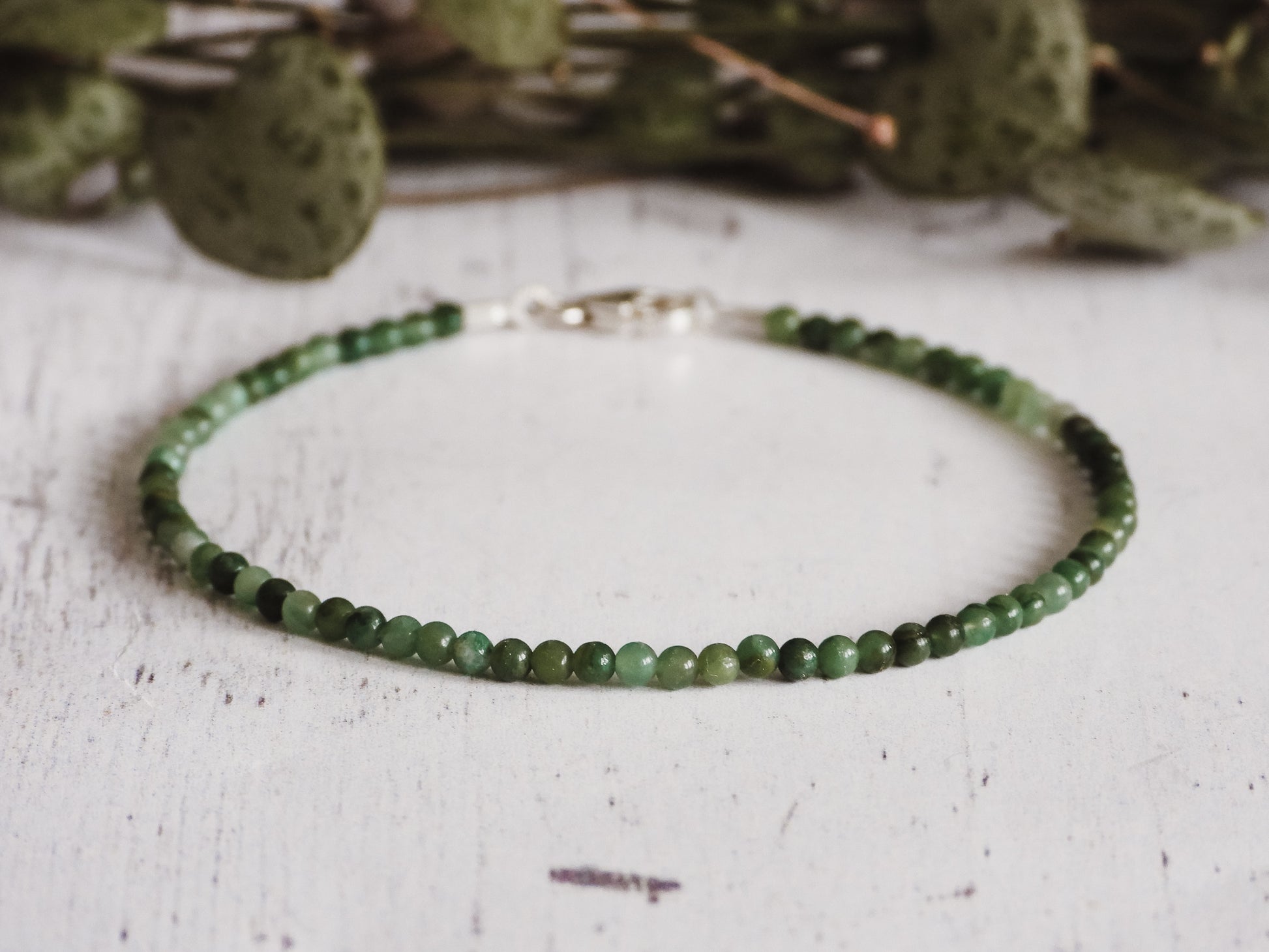 minimalist green jade gemstone bracelet with sterling silver clasp