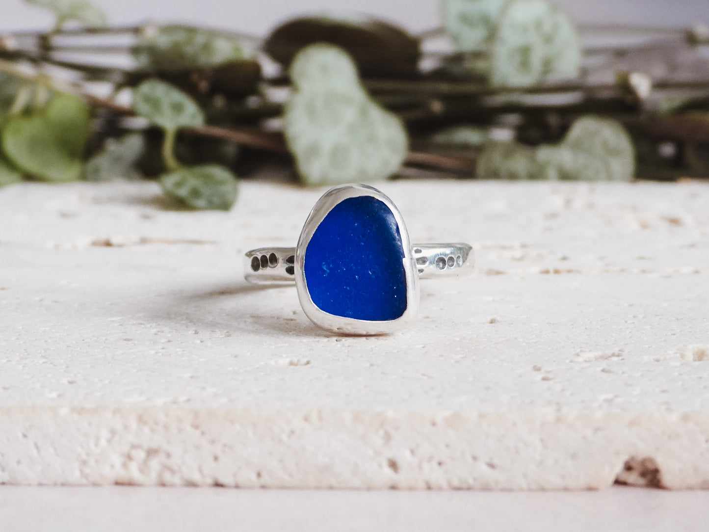 rare navy coloured Cornish seaglass ring