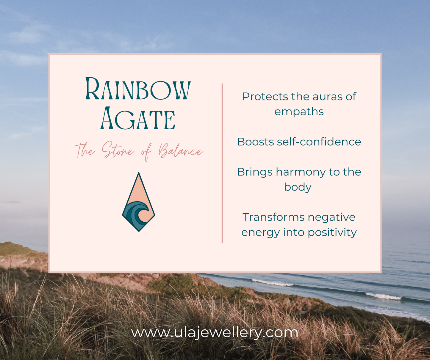 infographic for rainbow agate gemstone healing properties by ula jewellery cornwall