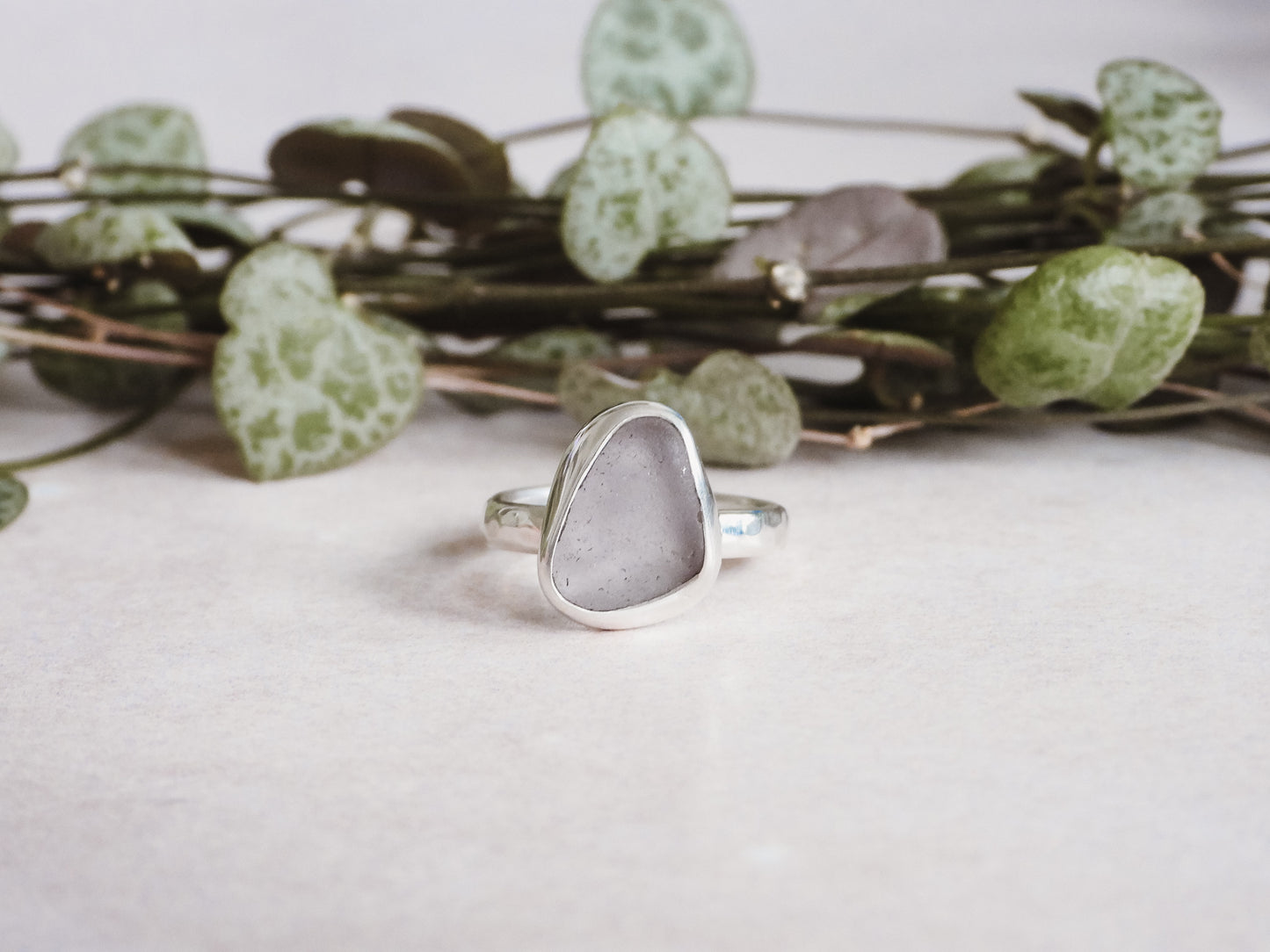 rare lilac Cornish seaglass and silver hammered ring