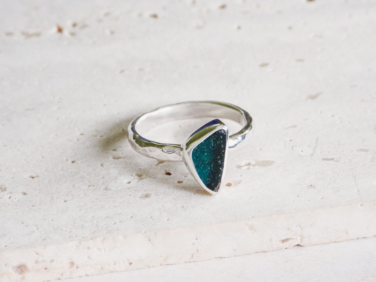 rare teal Cornish seaglas sterling silver ring