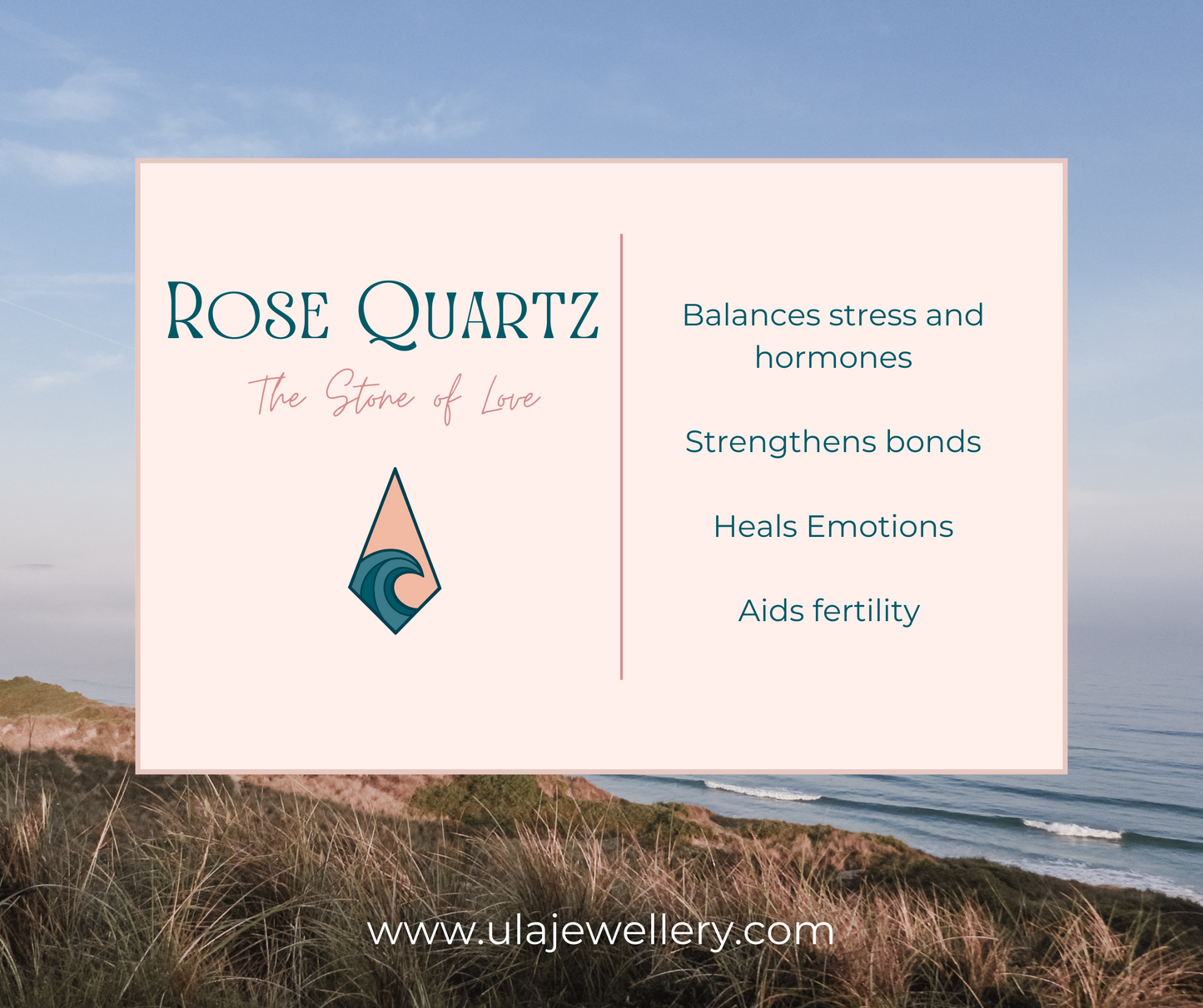 rose quartz crystal healing infographic by Ula Jewellery Cornwall