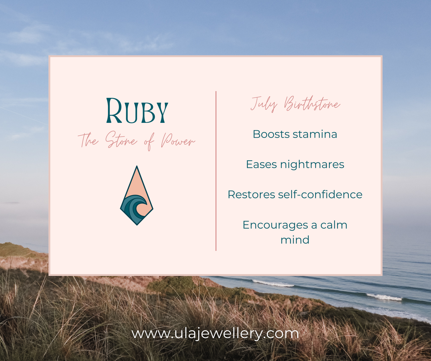 infographic for ruby gemstone by Ula Jewellery Cornwall, with healing properties