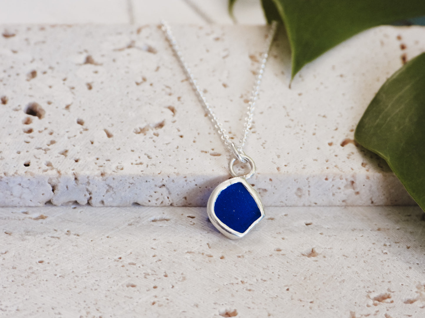 navy seaglass charm necklace on sterling silver chain