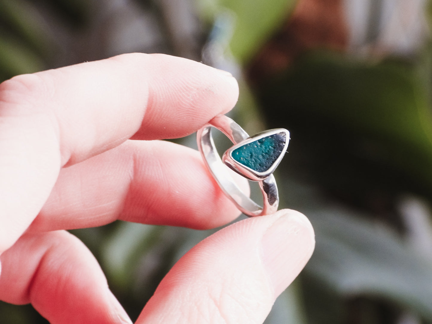 seaglass jewellery made in cornwall, rare teal ring