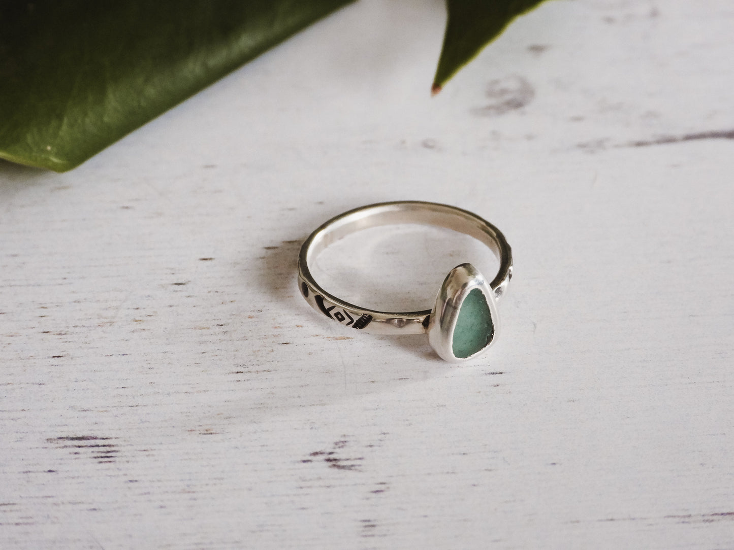 Aztec Stamped Seaglass Stacking Ring | Mounts Bay, Penzance