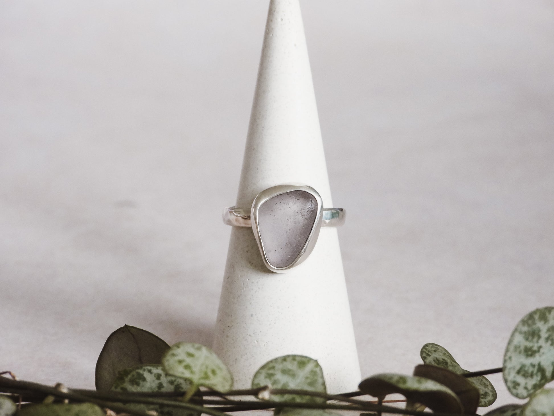 sterling silver ring with lilac Cornish seaglass