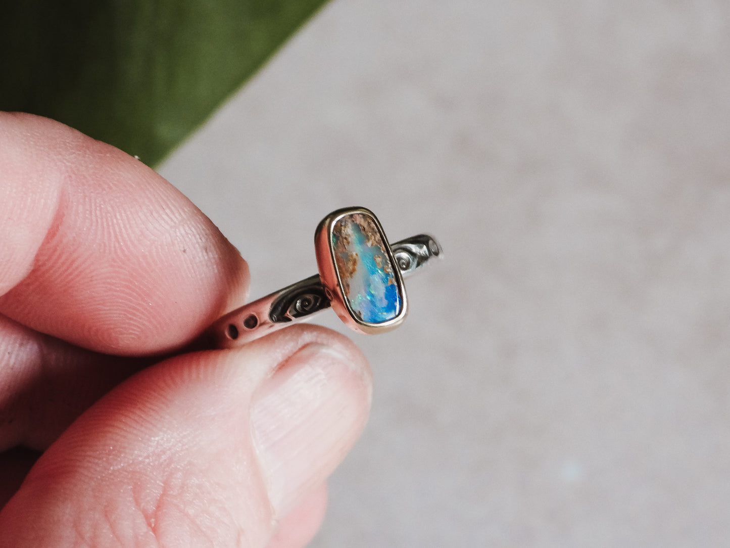 unique blue boulder opal stacking ring in gold and silver recycled mixed metals