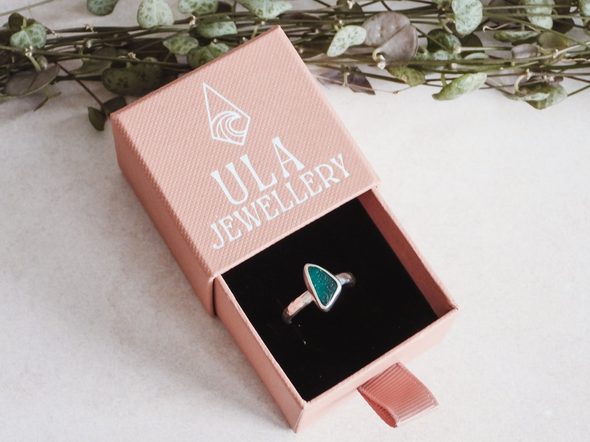 ula jewellery Cornish seaglass ring in eco friendly box