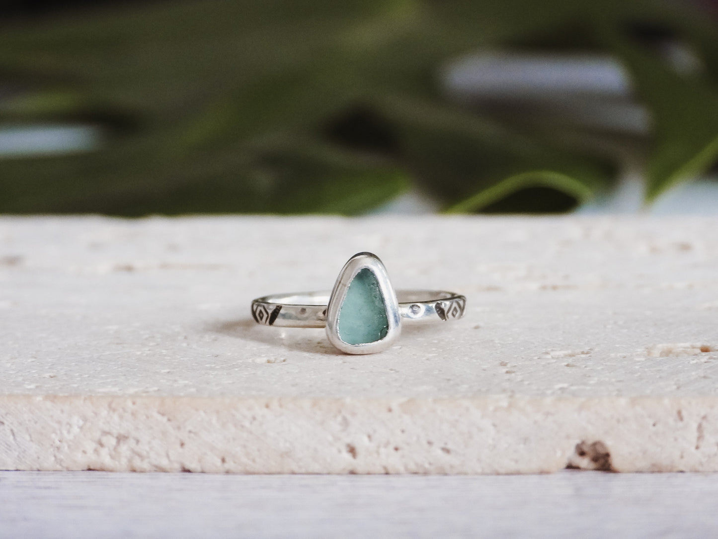 Aztec Stamped Seaglass Stacking Ring | Mounts Bay, Penzance