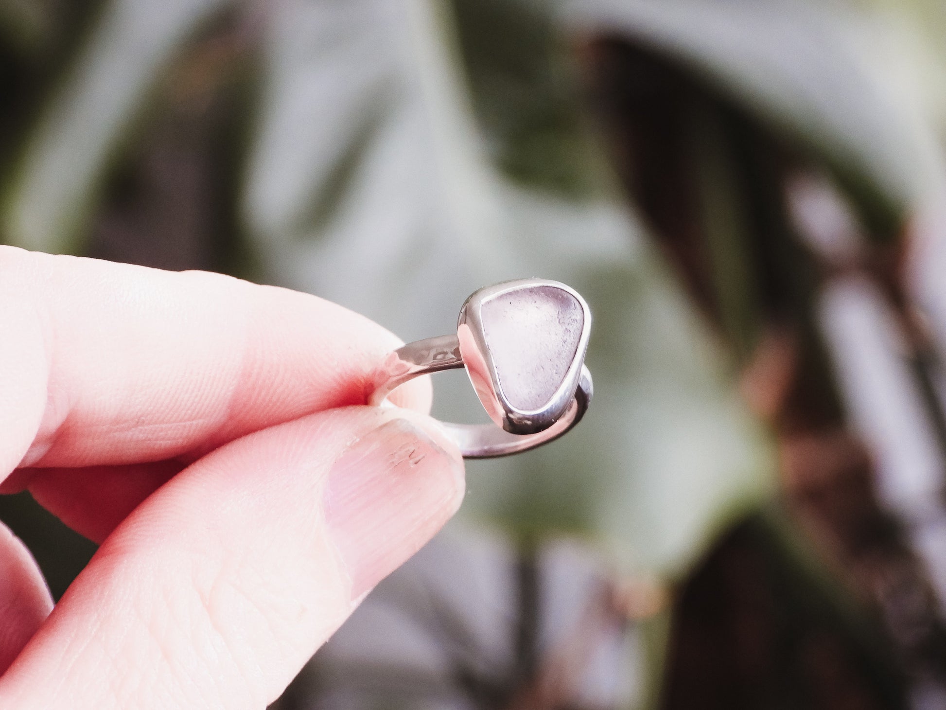 ula jewellery Cornwall seaglass ring with lilac glass