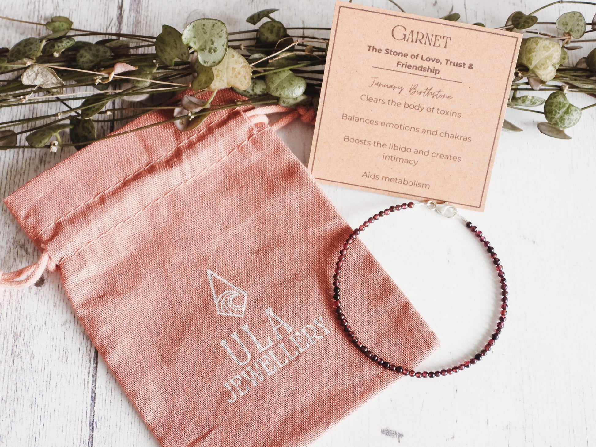 ula jewellery birthday gift idea, personalised garnet gemstone bracelet