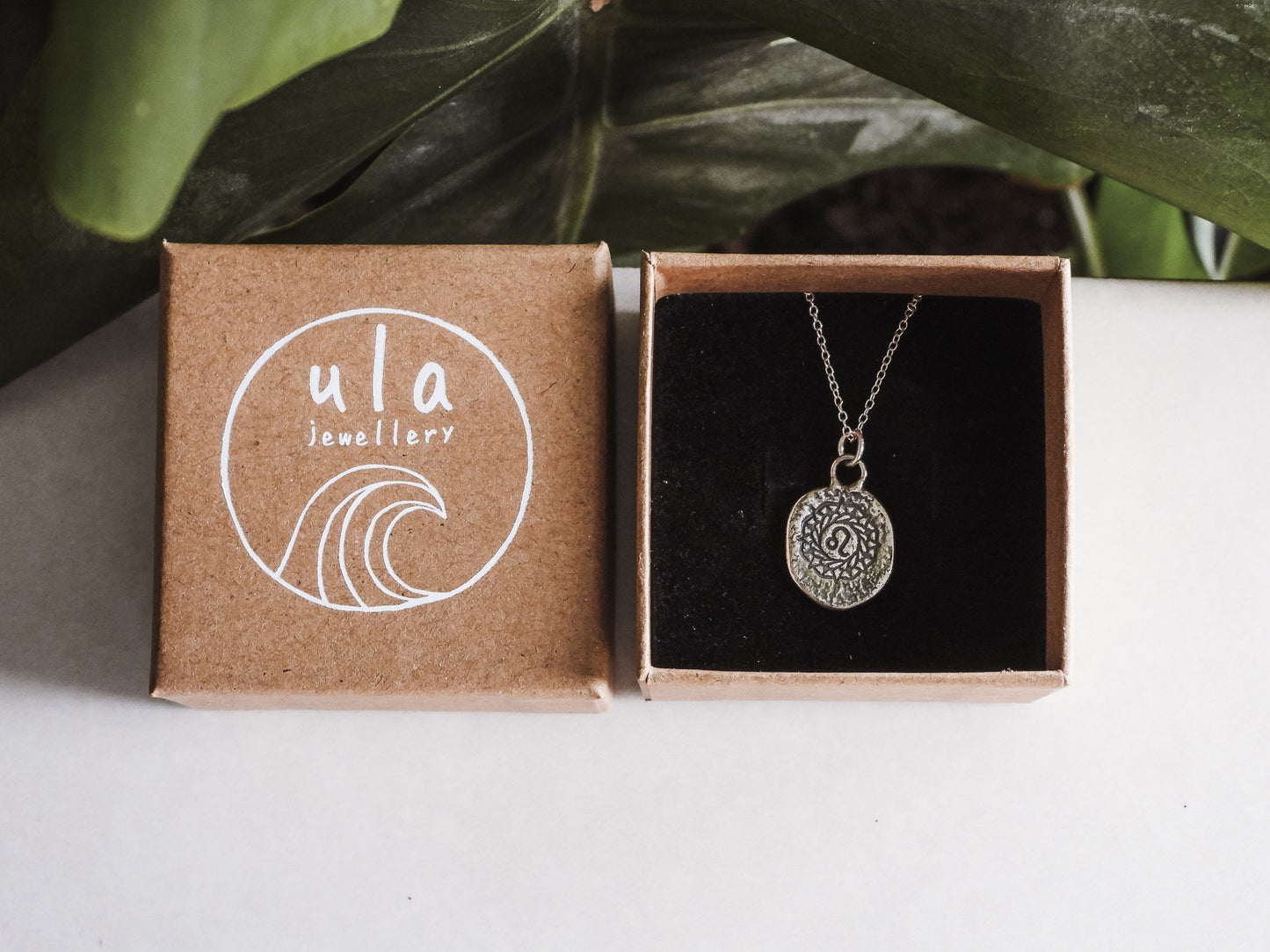 leo engraved dainty coin pendant necklace in ula jewellery box