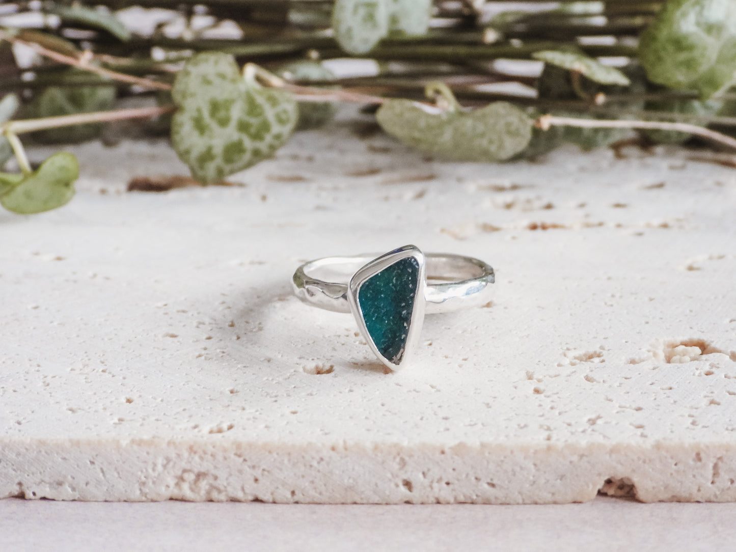 teal seaglass stacking ring by ula jewellery Cornwall