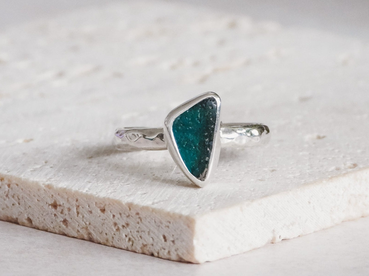 rare teal Cornish seaglass hammered silver ring