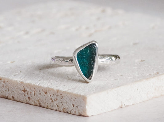 rare teal Cornish seaglass hammered silver ring